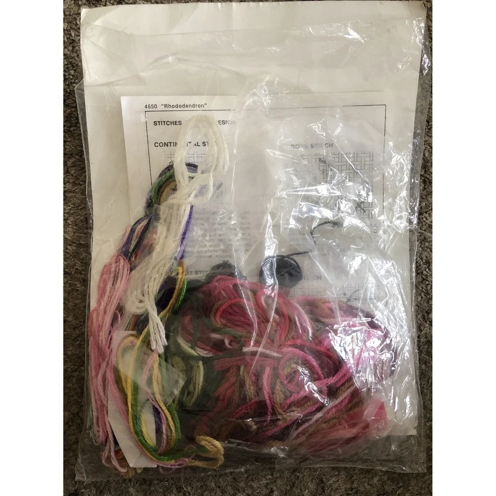 Vtg Bucilla New Needlepoint Pattern & Thread ONLY Rose Rhododendron 14x14 Read